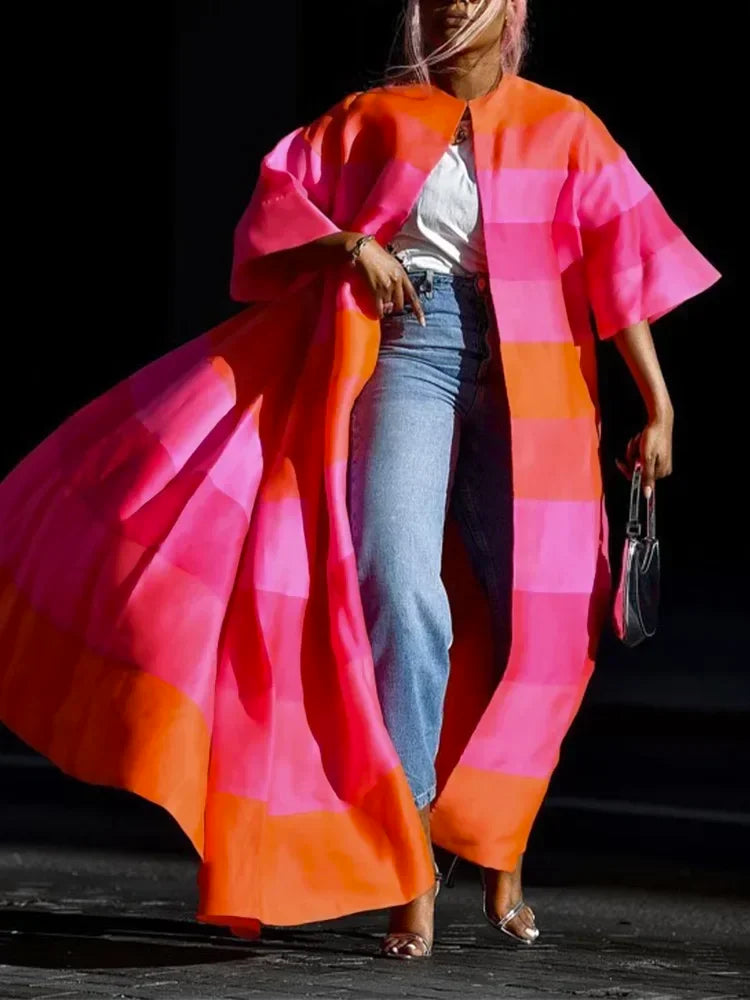 Vireous Pink Orange Big Bold Elegant Cape Coat, Catwalk Collection