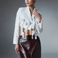 Women's Shawl Collar Cropped White Jacket with Floral Appliques, Catwalk Collection