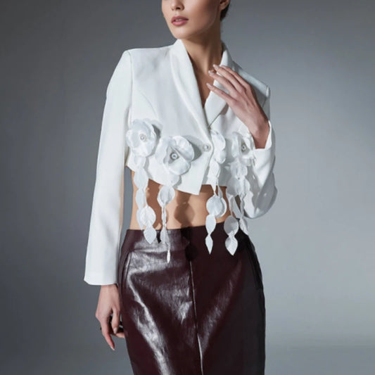 Women's Shawl Collar Cropped White Jacket with Floral Appliques, Catwalk Collection