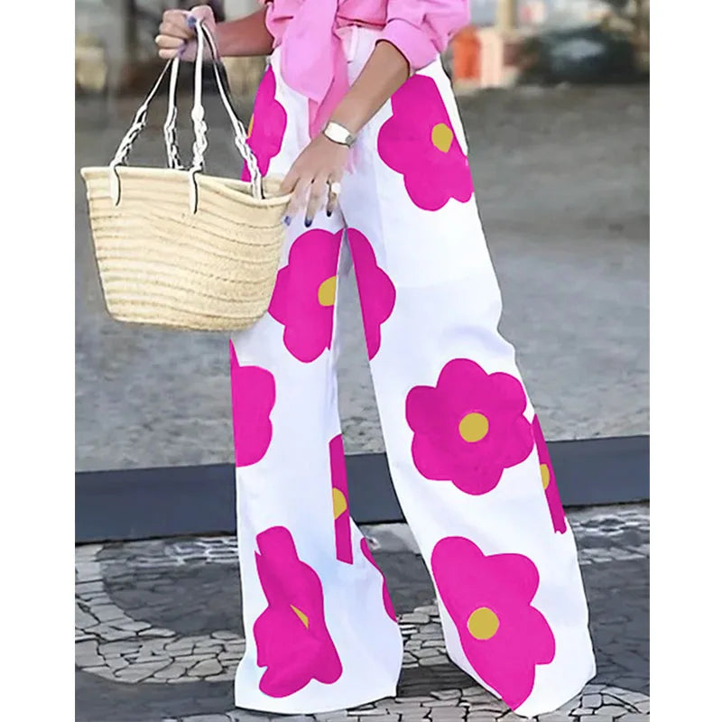 Vireous Loose Wide-Leg Contrast Colour Floral-Printed Casual Pants