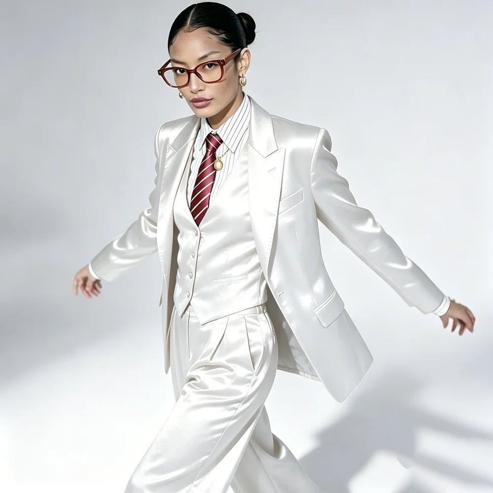 Professional Performance Wear Women's Tuxedo, Gold Satin Three-Piece Suit, Night Wear