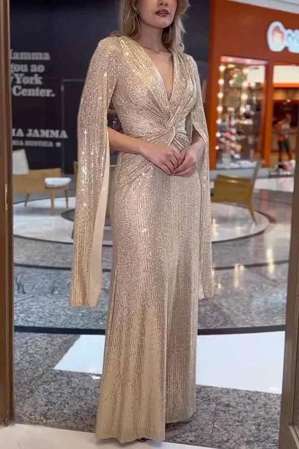 cloak sleeve sequin formal dress A Line Long Formal Sequin Cape Sleeve Dress