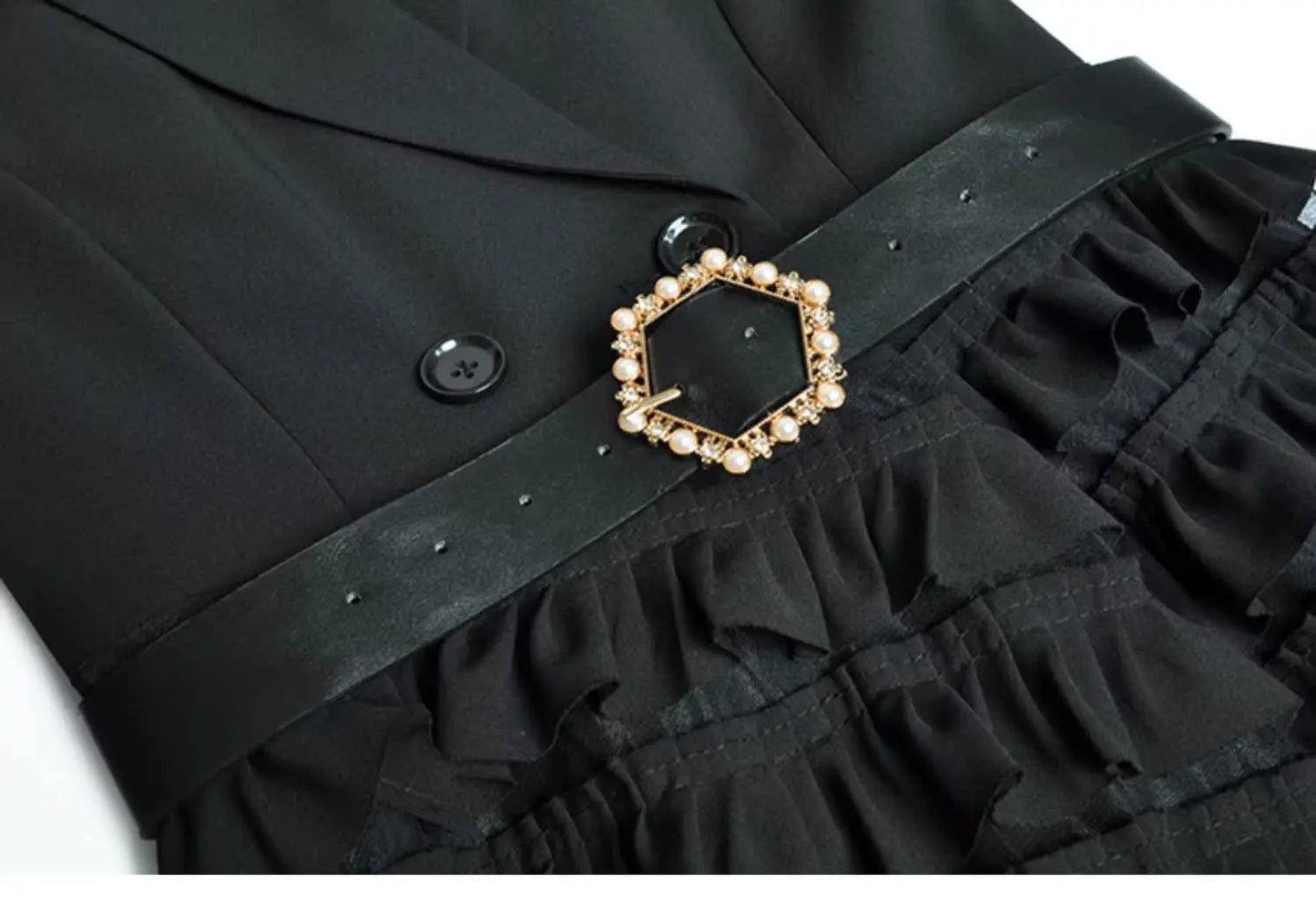 Vireous Black Suit-Collar Tiered Maxi Dress, Winter Catwalk Collection