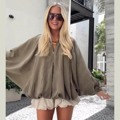 Vireous Women's Ruched Bat Sleeves Cropped Windbreak Jacket