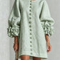 Vireous Women's Linen Mini Dress with Flower Buttons