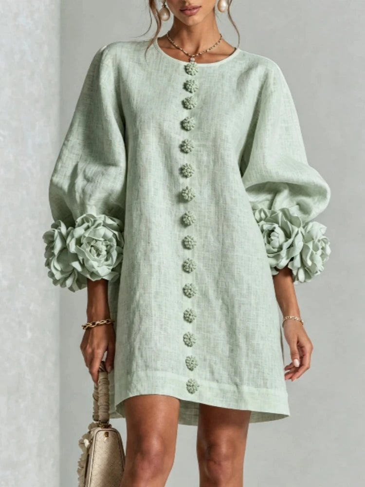 Vireous Women's Linen Mini Dress with Flower Buttons