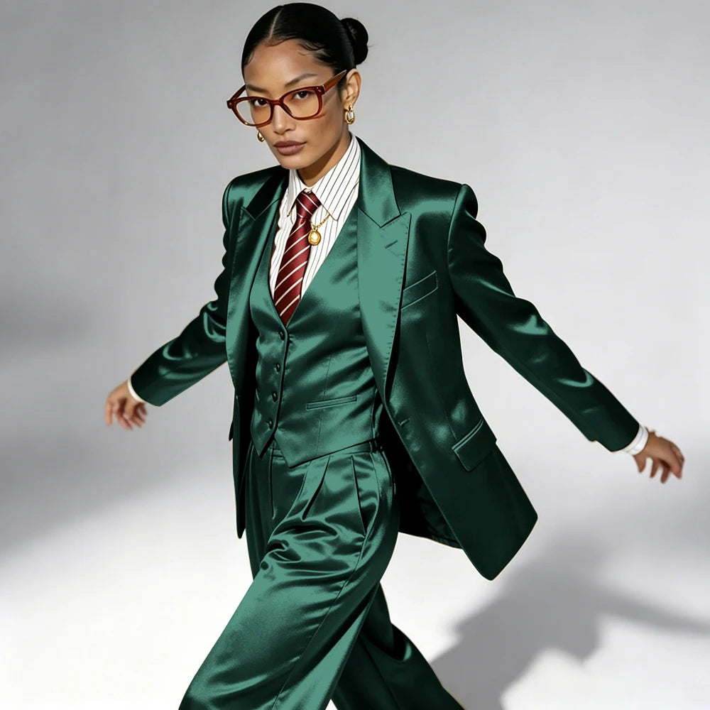 Professional Performance Wear Women's Tuxedo, Gold Satin Three-Piece Suit, Night Wear