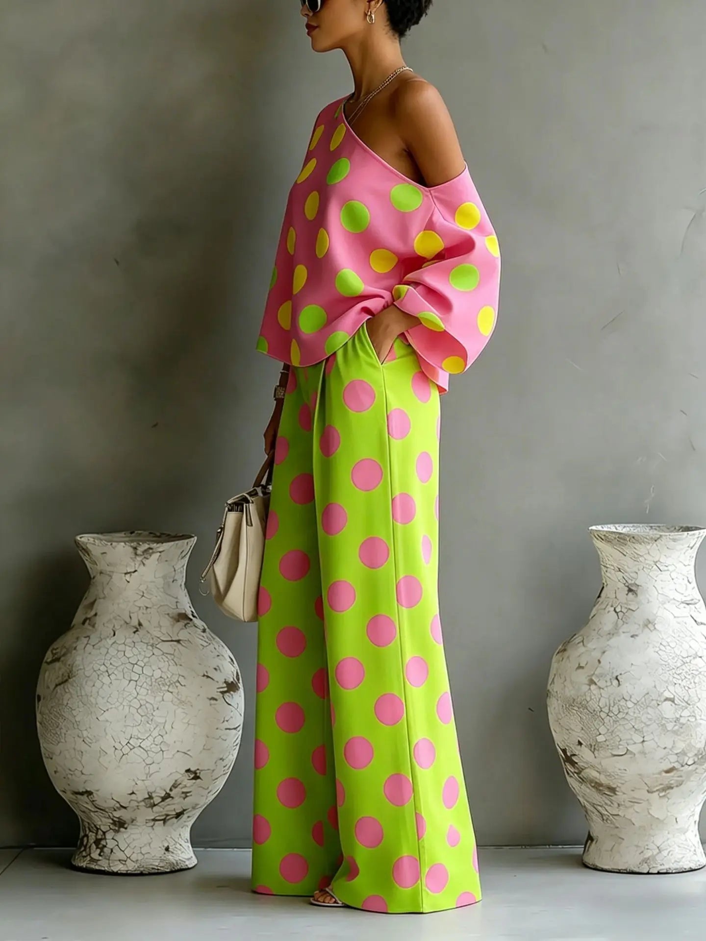 Colour-Wave Point Set, Women's Slant Shoulder Two-Piece Summer Suit
