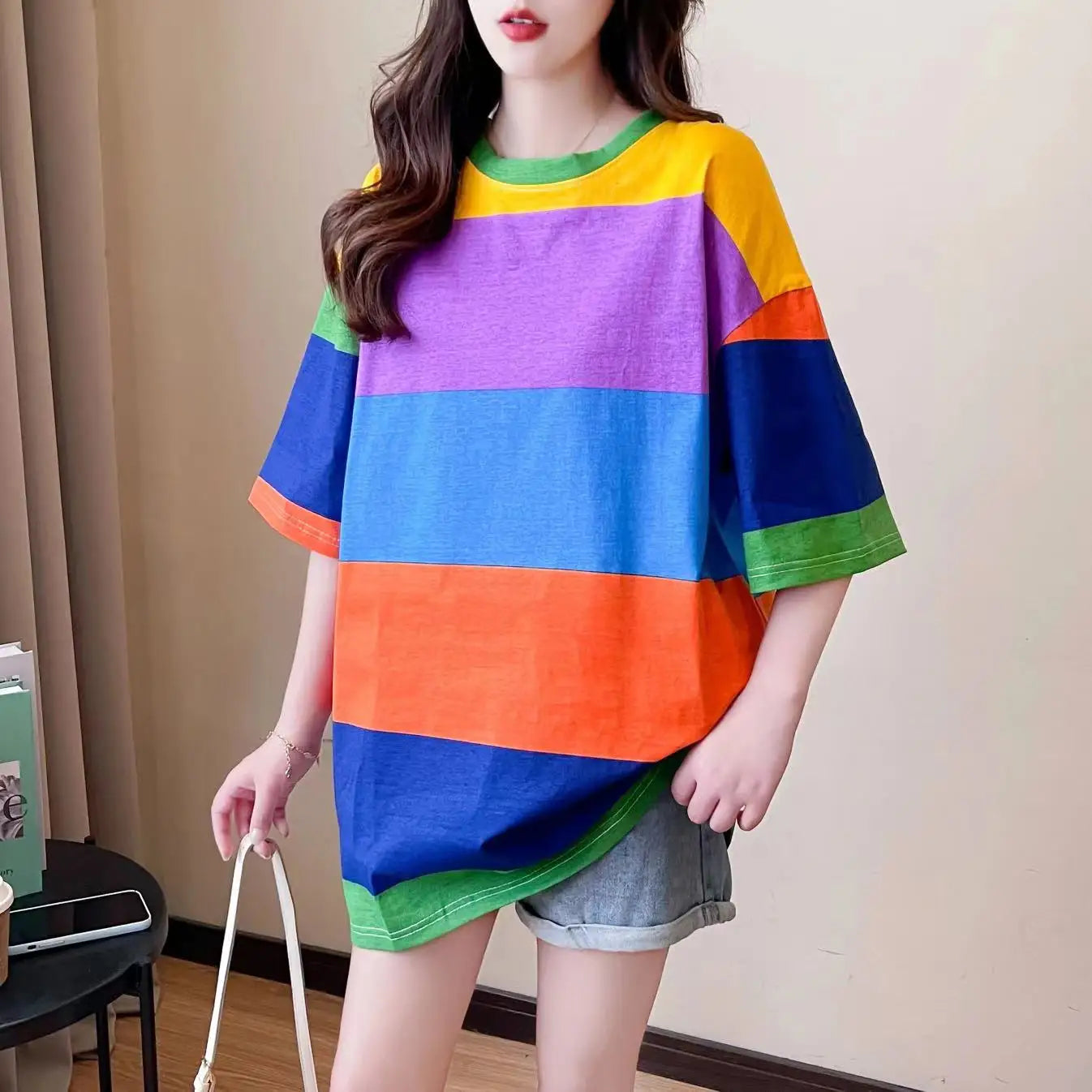 Vireous Women's Rainbow Stripe Round Neck Mini Dress, Long Top