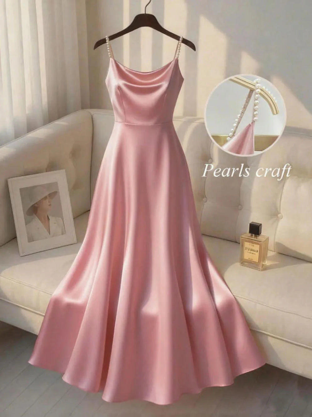 Vireous Pearl-Beaded Strap Satin Slip Retro Dress, Elegant Summer Evening Dress