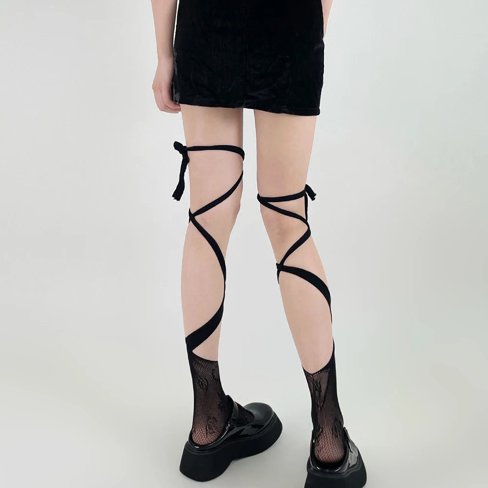 Summer Sexy Long Japanese-Style Socks, Irregular Lace-Tie Fishnet Stockings