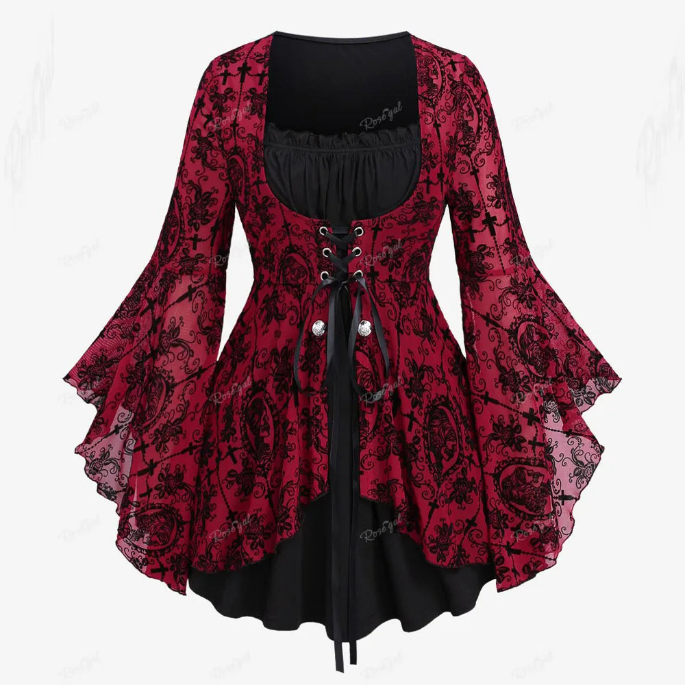 Gothic Bell Sleeves Organza Mesh Lace-Up Blouse, Plus Sizes