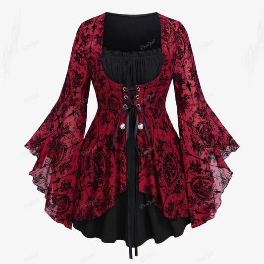 Gothic Bell Sleeves Organza Mesh Lace-Up Blouse, Plus Sizes