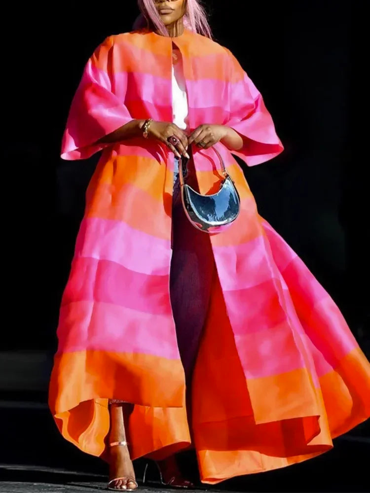 Vireous Pink Orange Big Bold Elegant Cape Coat, Catwalk Collection