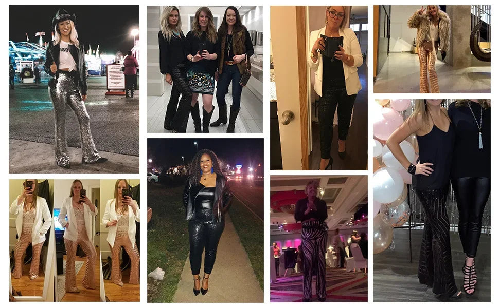 Vireous Women's Sparkling Sequin Slacks, Loose Mid-Waist Trousers