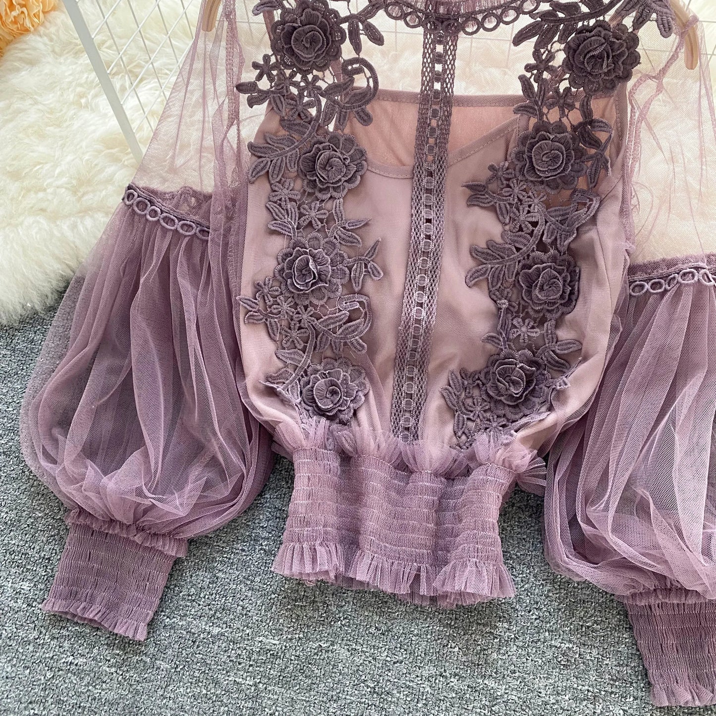 Lace See-Through Puff-Sleeve Vintage Fashion Blouse