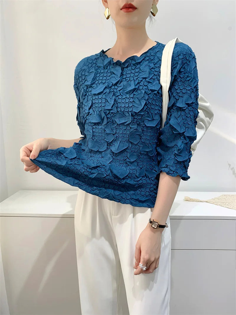 Miyake Embroidered Hand-Pleated Women's Round-Neck Top