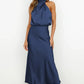 Vireous Summer Silk Satin Sleeveless Long Dress, Draped Bodice