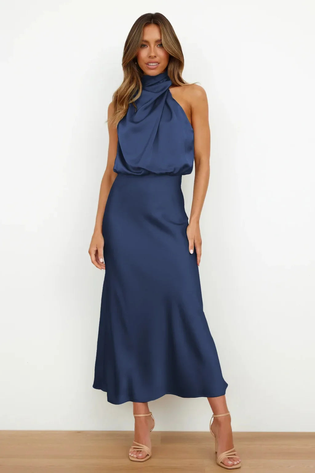 Vireous Summer Silk Satin Sleeveless Long Dress, Draped Bodice