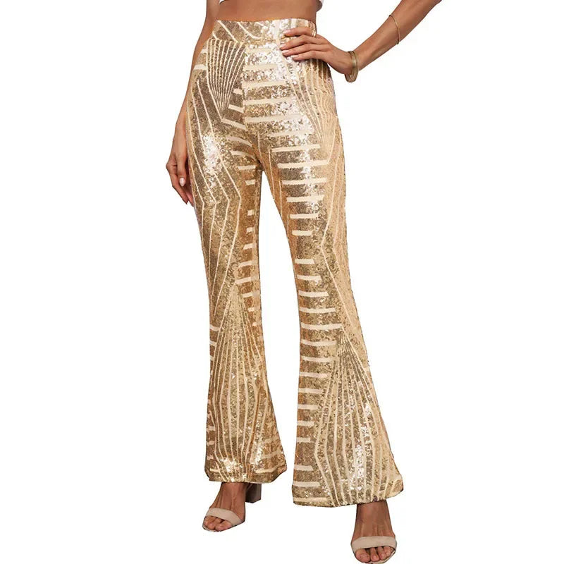 Vireous Women's Sparkling Sequin Slacks, Loose Mid-Waist Trousers