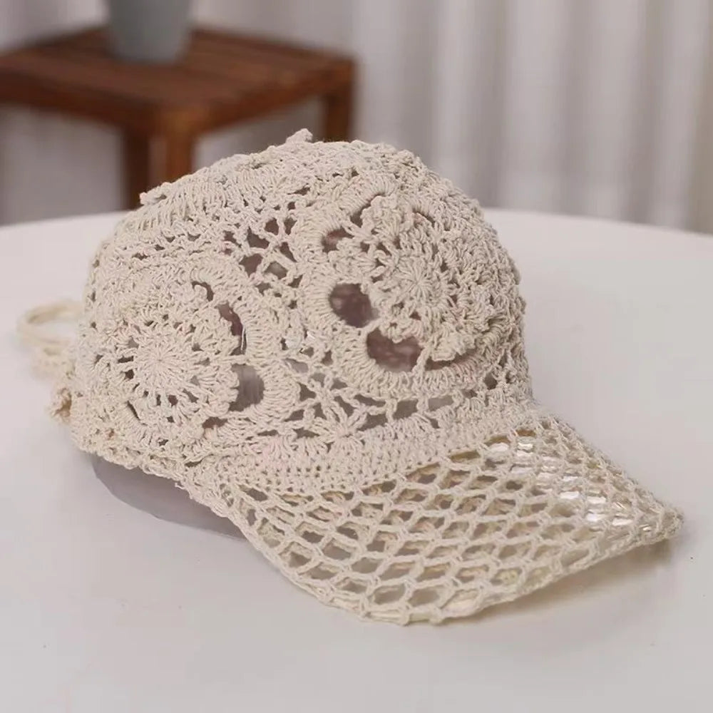 Women's Crochet Summer Peaked Cap, Floral Pattern, Casual Wear