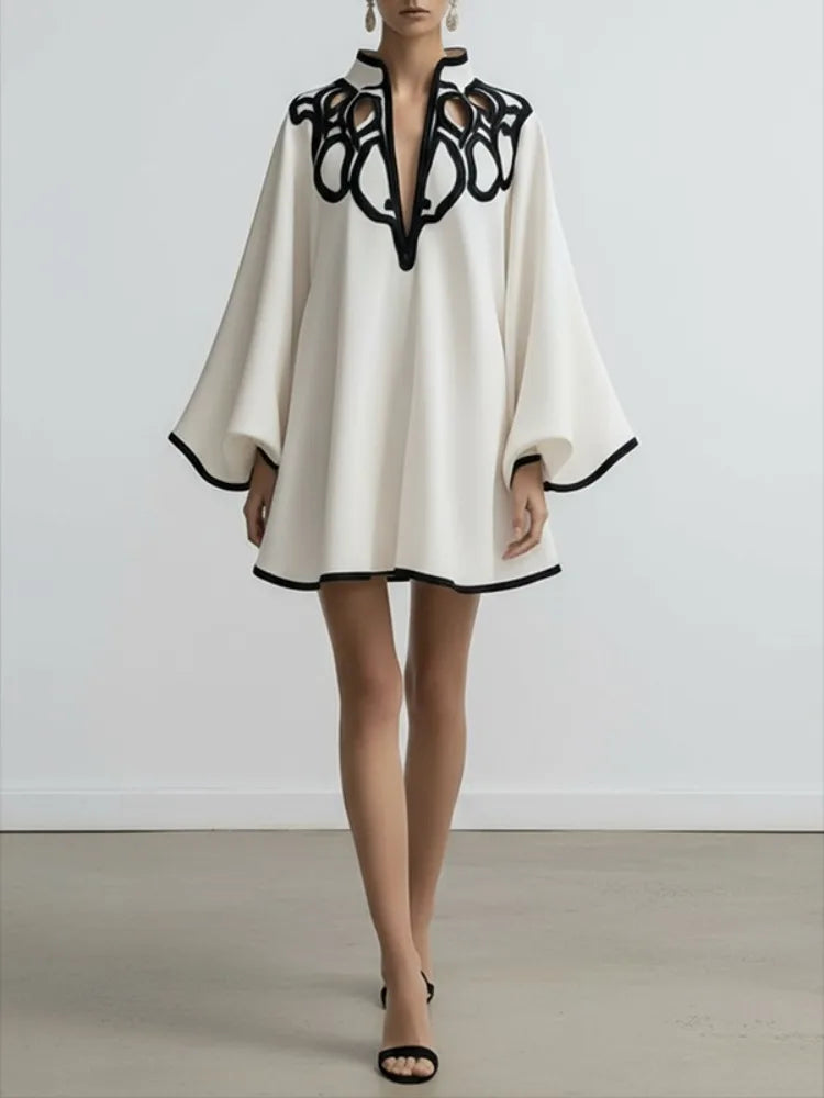 Avant Garde Black and White Contrast Bell-Sleeve Loose Fit Mini Dress
