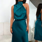 Vireous Summer Silk Satin Sleeveless Long Dress, Draped Bodice