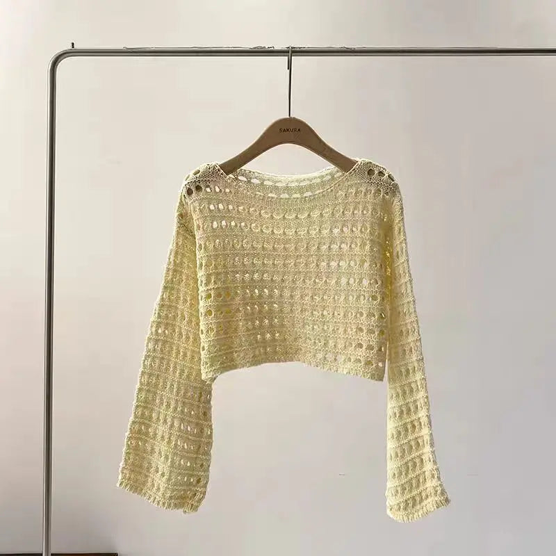Crochet Casual Women's Cover Up, Long Sleeve Knitted Crop Top