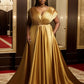 Plus-Size Formal Evening Gold Satin Dress, Elegant Tiered Bodice