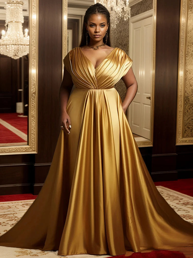 Plus-Size Formal Evening Gold Satin Dress, Elegant Tiered Bodice