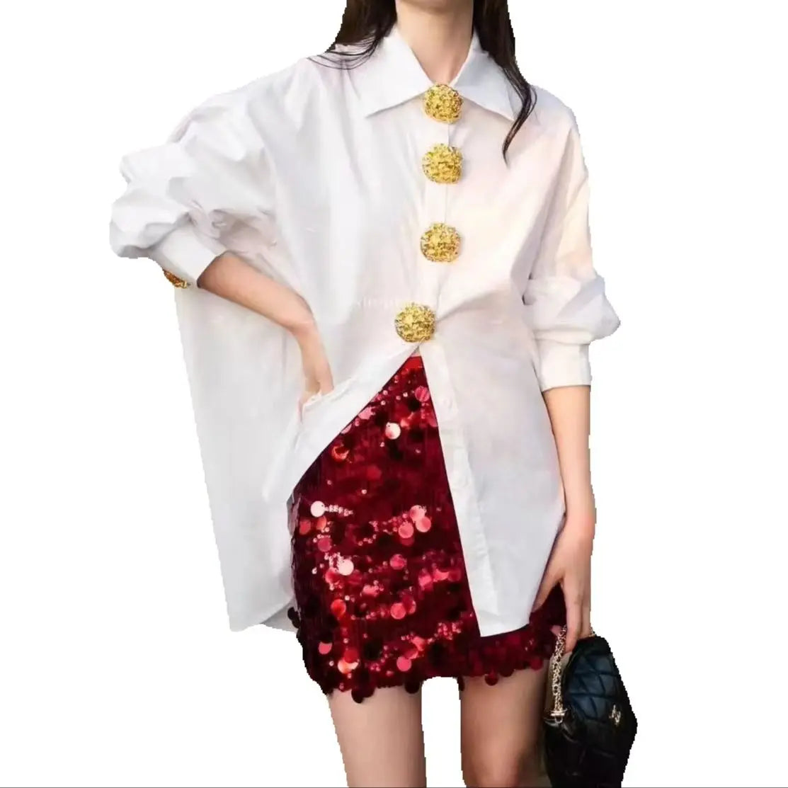 Gold Feature Buttons, Loose Casual Cotton Women's Elegant Shirt