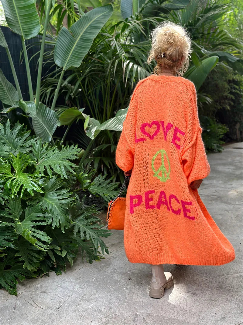 'Love and Peace' Design Women's Long Knitted Cardigan, Sweater Coat