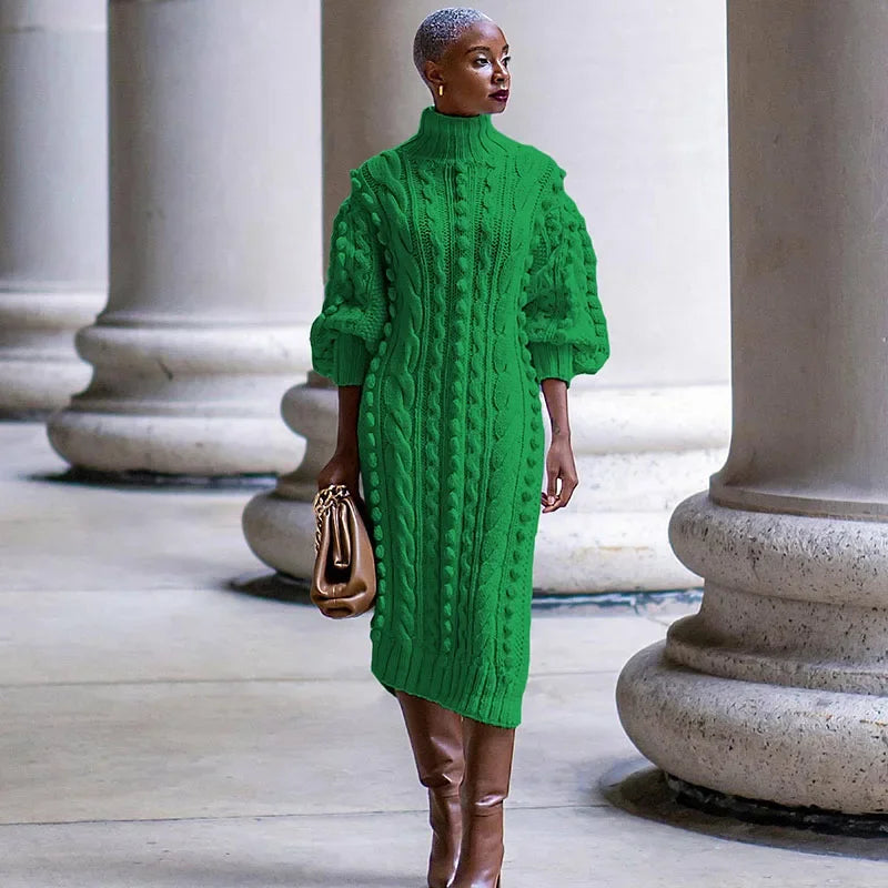 Streetwear Rib Knit Turtleneck Sweater Dress, Autumn and Winter Collection