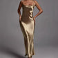 Metallic Gold Maxi Dress, Elegant Satin Backless Women's Gown