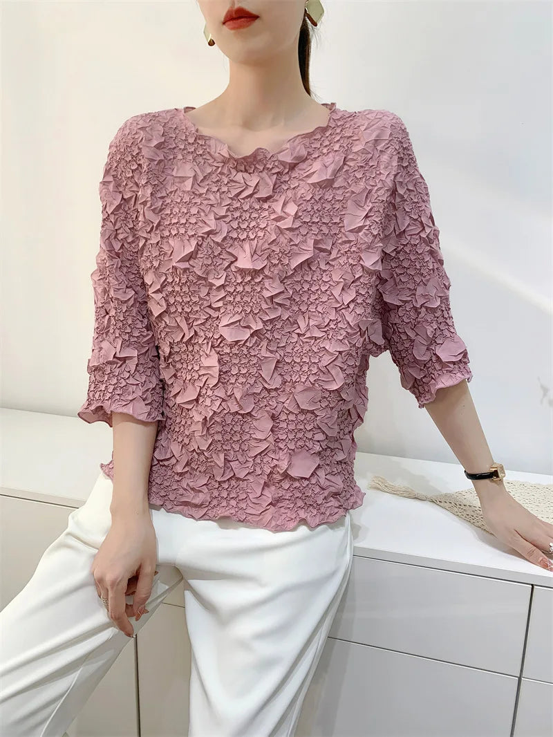 Miyake Embroidered Hand-Pleated Women's Round-Neck Top