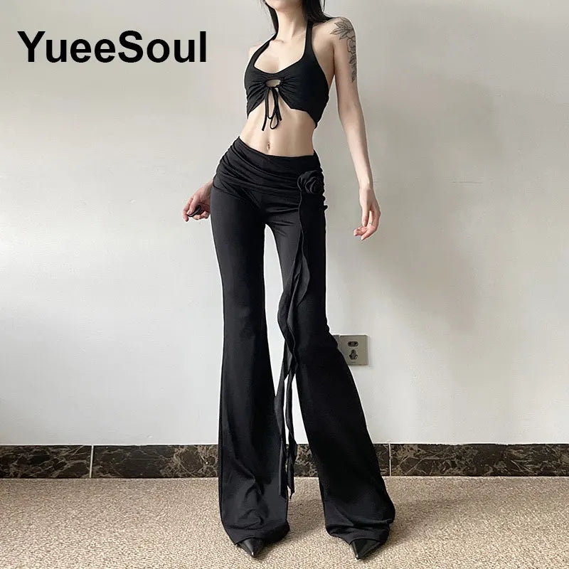 Goth Women's Flared Pants with Black Lace, Embroidery, Multi Designs