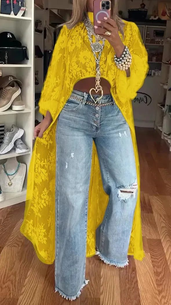 Vireous Lace Floral Extra-Long Shirt Top, High Neck Overwear