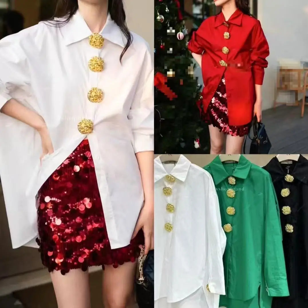 Gold Feature Buttons, Loose Casual Cotton Women's Elegant Shirt
