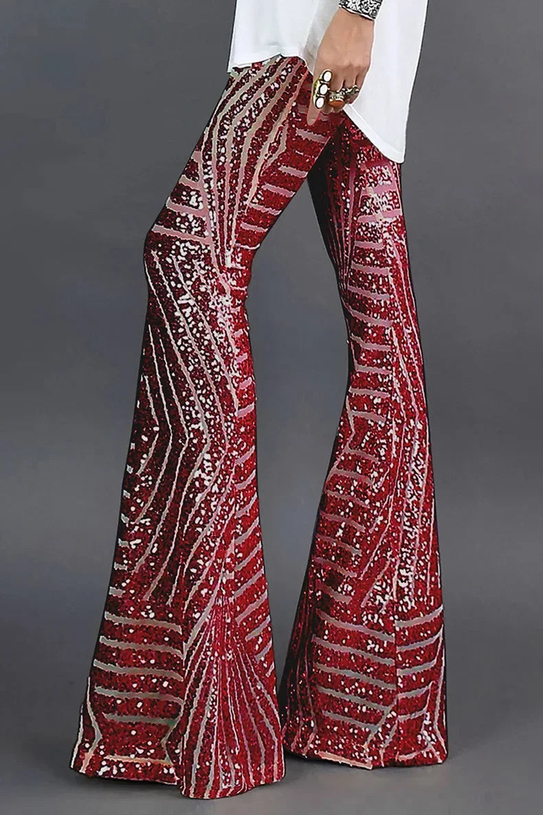 Vireous Women's Sparkling Sequin Slacks, Loose Mid-Waist Trousers