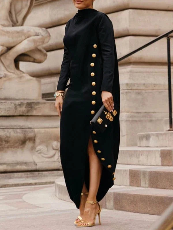 Vireous Women's Buttoned Split-Side High Neck Evening Black Dress