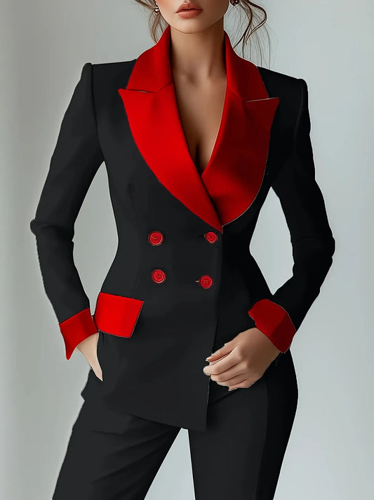 Women's Patchwork-Tailored Contrast Colour Blazer, Notched Collar Fashion Jacket