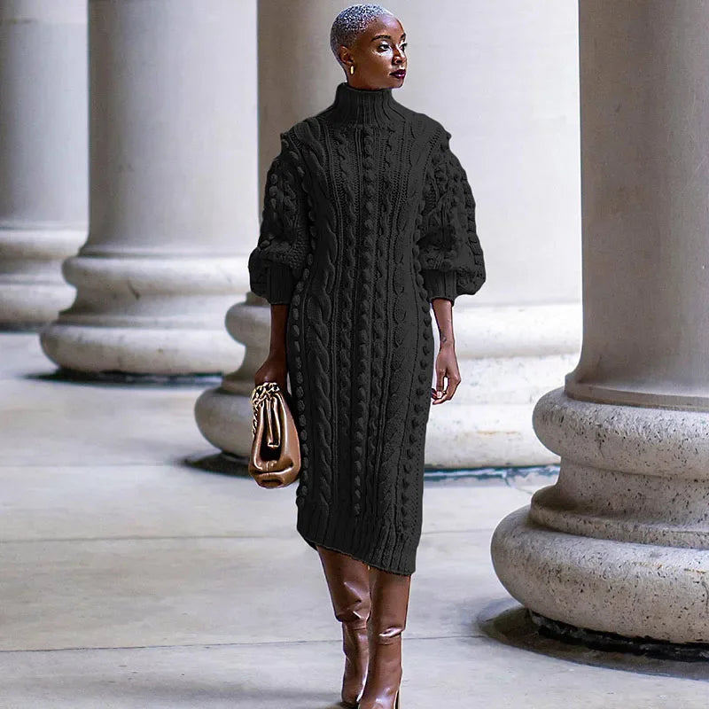 Streetwear Rib Knit Turtleneck Sweater Dress, Autumn and Winter Collection