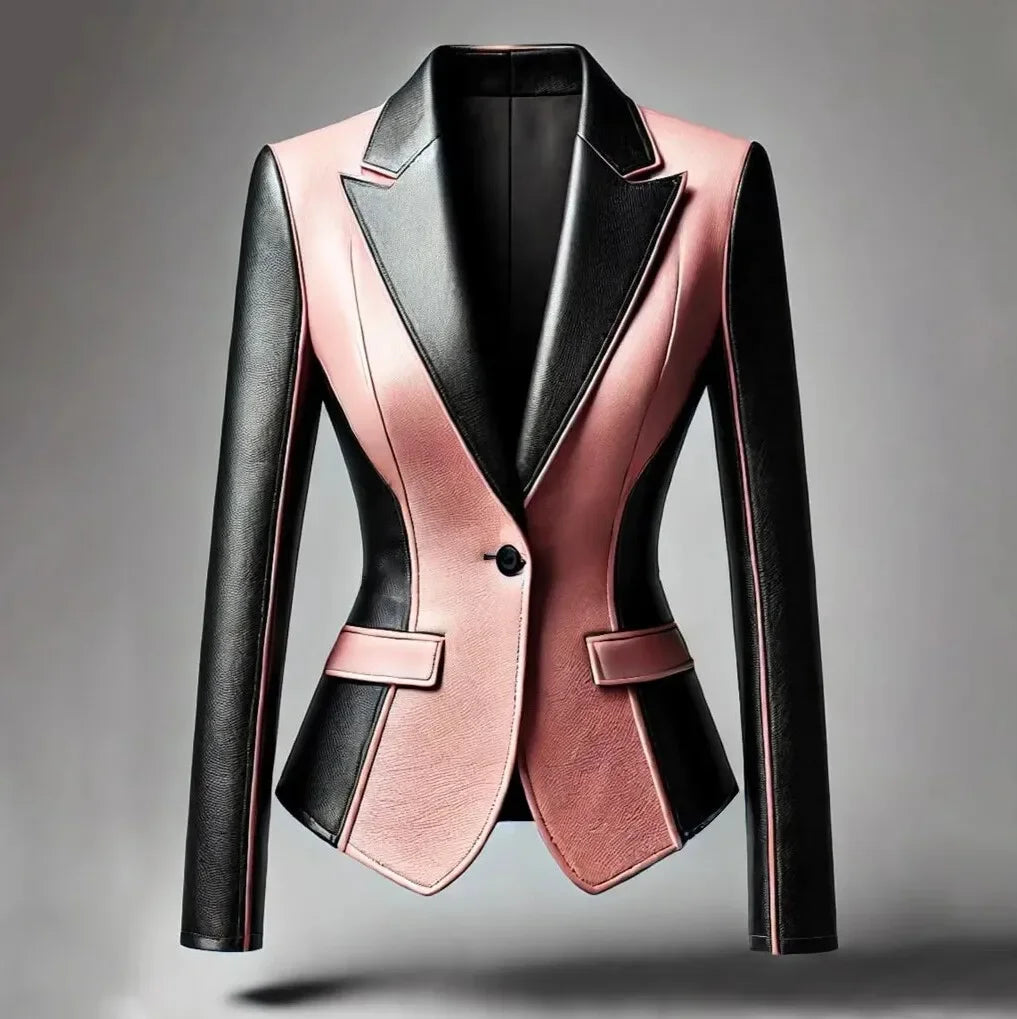 Women's Faux Leather Blazer Pink and Black Colourblock Notched Lapel Jacket, Plus Sizes