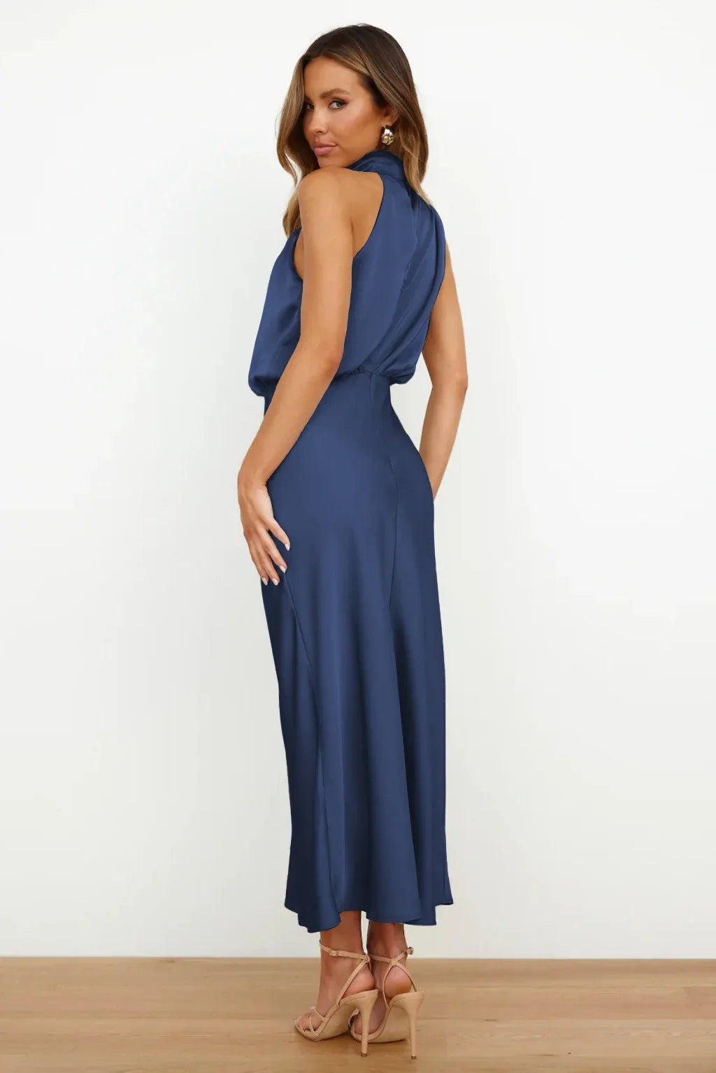 Vireous Summer Silk Satin Sleeveless Long Dress, Draped Bodice