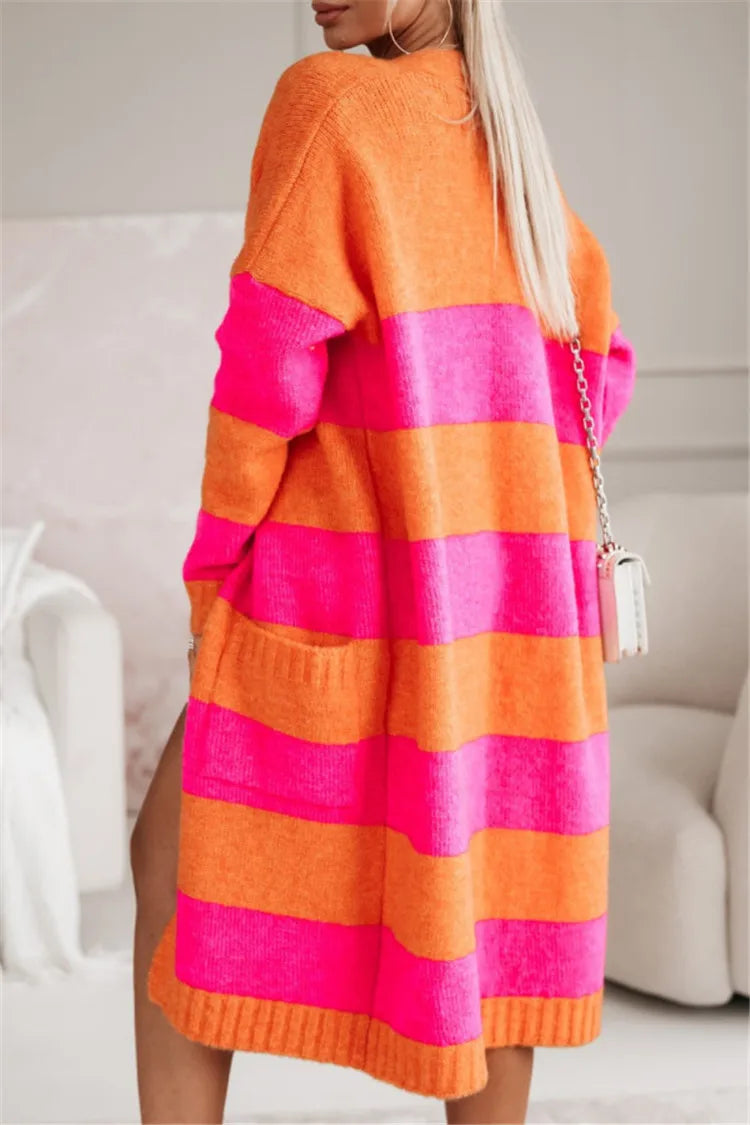 Women's Long Striped Knitted Sweater Coat, Multicolours
