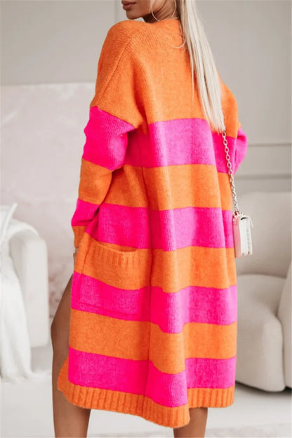 Women's Long Striped Knitted Sweater Coat, Multicolours