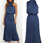 Vireous Summer Silk Satin Sleeveless Long Dress, Draped Bodice