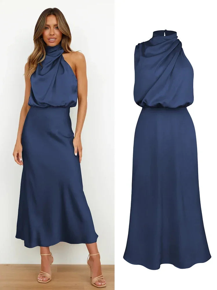 Vireous Summer Silk Satin Sleeveless Long Dress, Draped Bodice