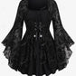 Gothic Bell Sleeves Organza Mesh Lace-Up Blouse, Plus Sizes