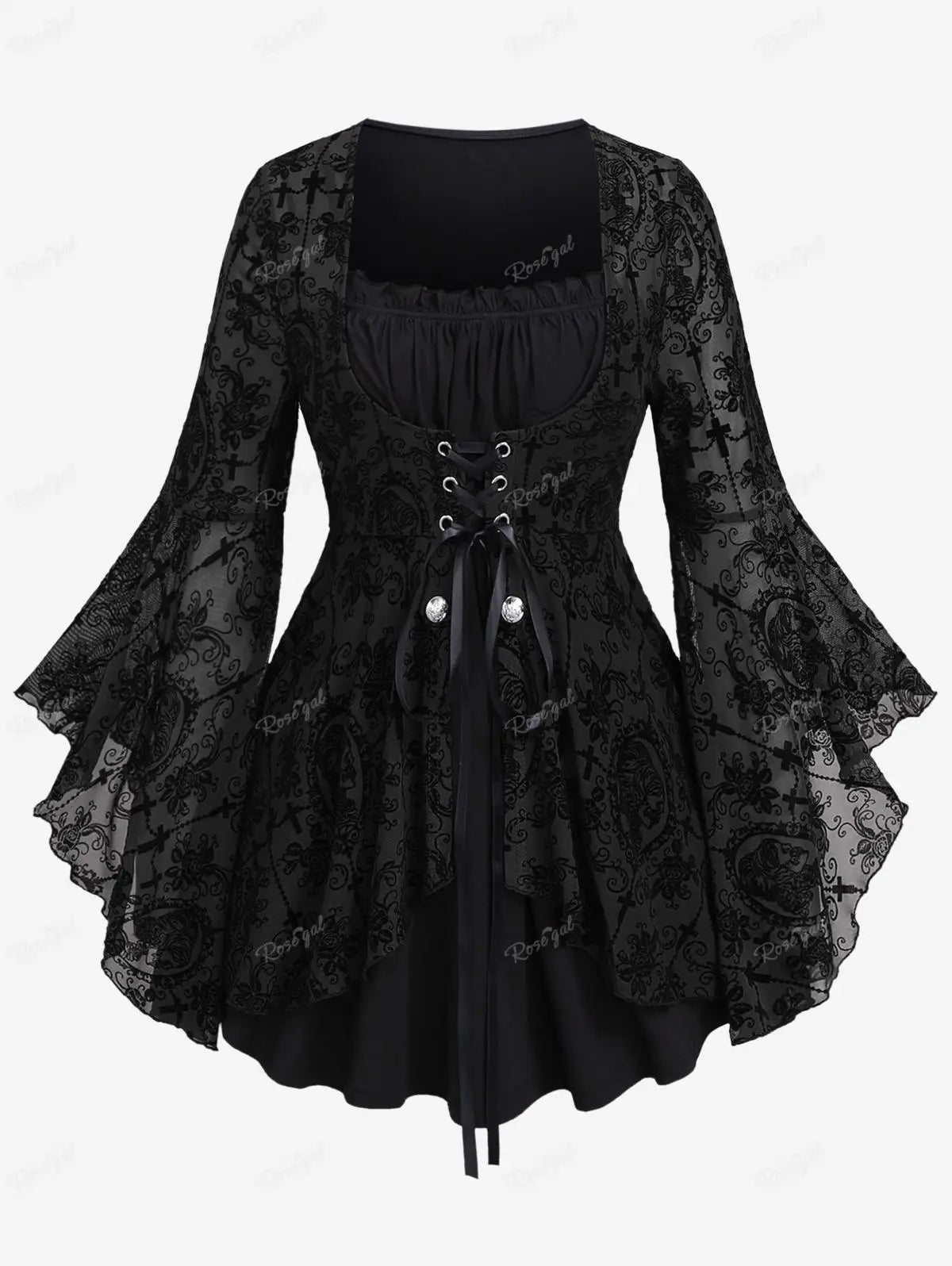 Gothic Bell Sleeves Organza Mesh Lace-Up Blouse, Plus Sizes